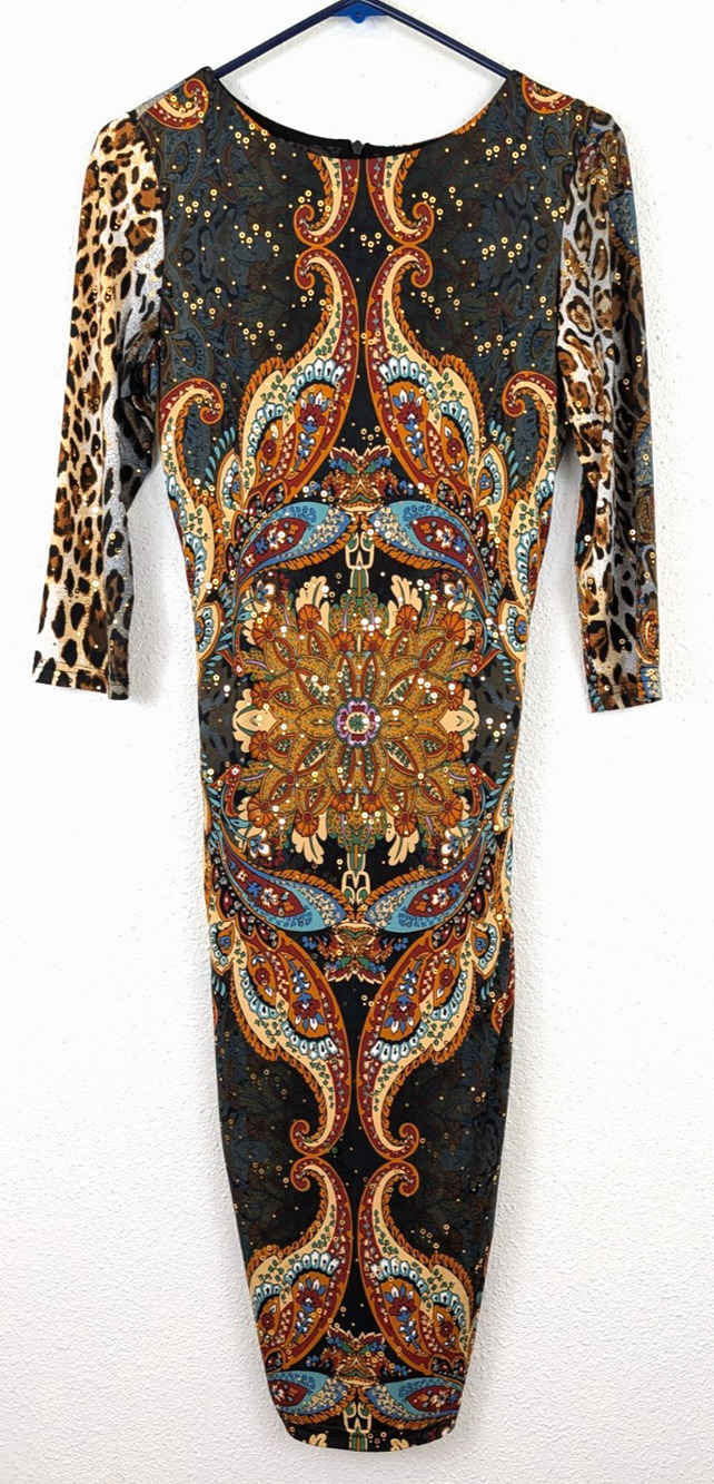 Joseph Ribkoff US sz 8 Bodycon Dress multi color print shiny gold stretchy 1070